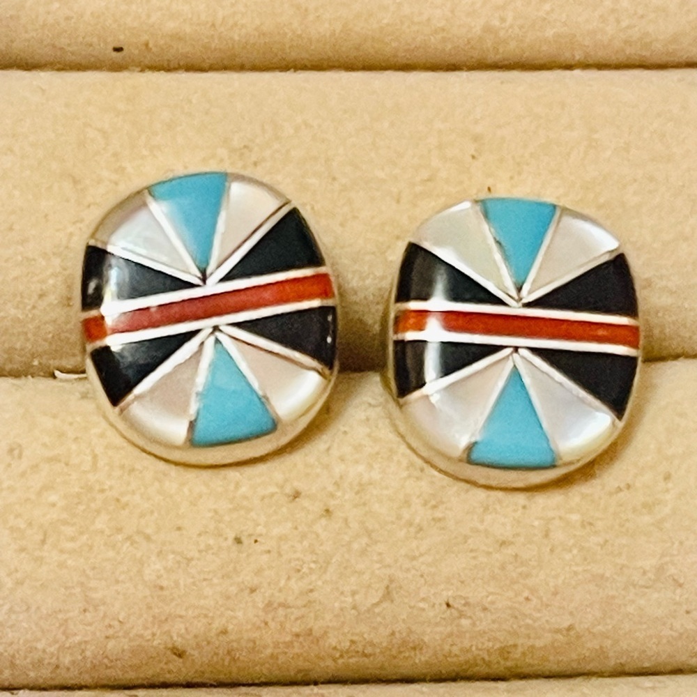 ZUNI Native American Sterling Coral Turquoise Onyx Mother Of Pearl Post
Earrings